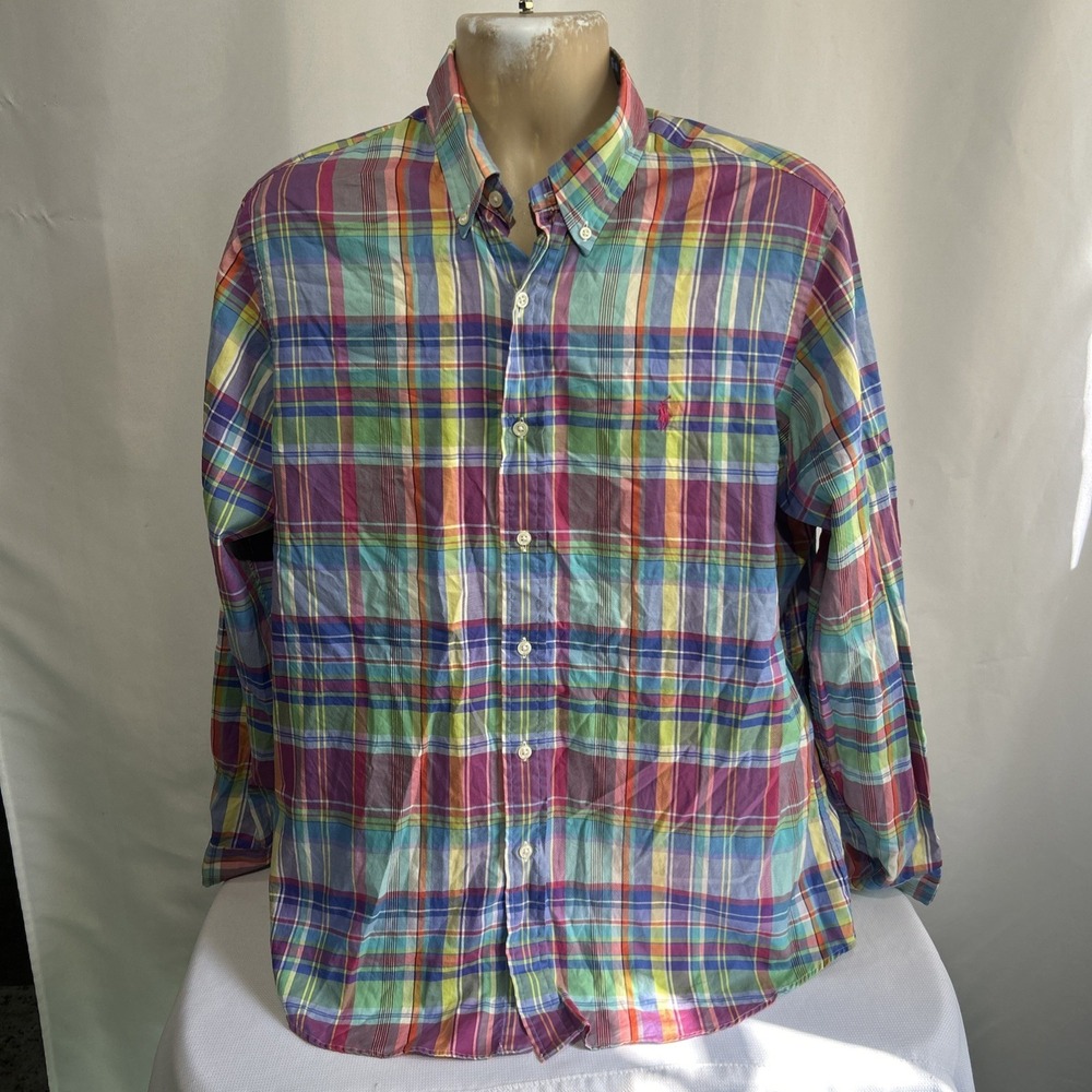 Polo Ralph Lauren Mens Sz Large Plaid Button Down Multicolor Long Sleeves
